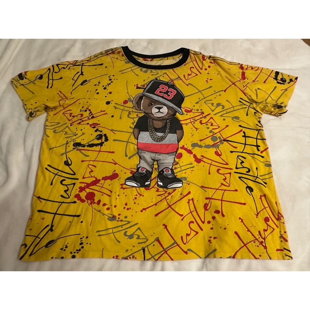 Bailey Apparel Hustle Gang Bear Graphic T-Shirt Yellow All Over Print Mens 4XL